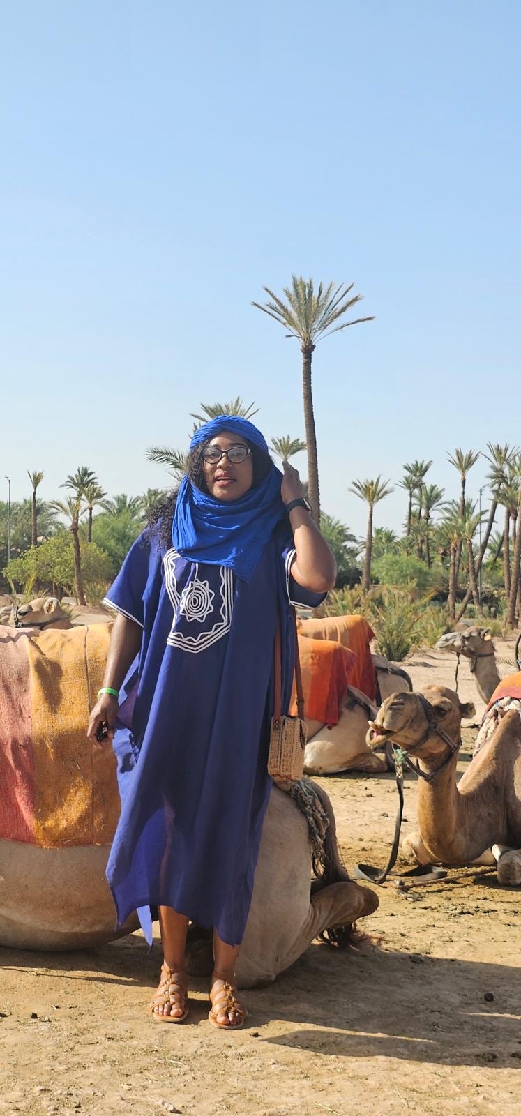 Traveller in traditional blue attire standing beside camels and palm trees in the Marrakech Palmeraie