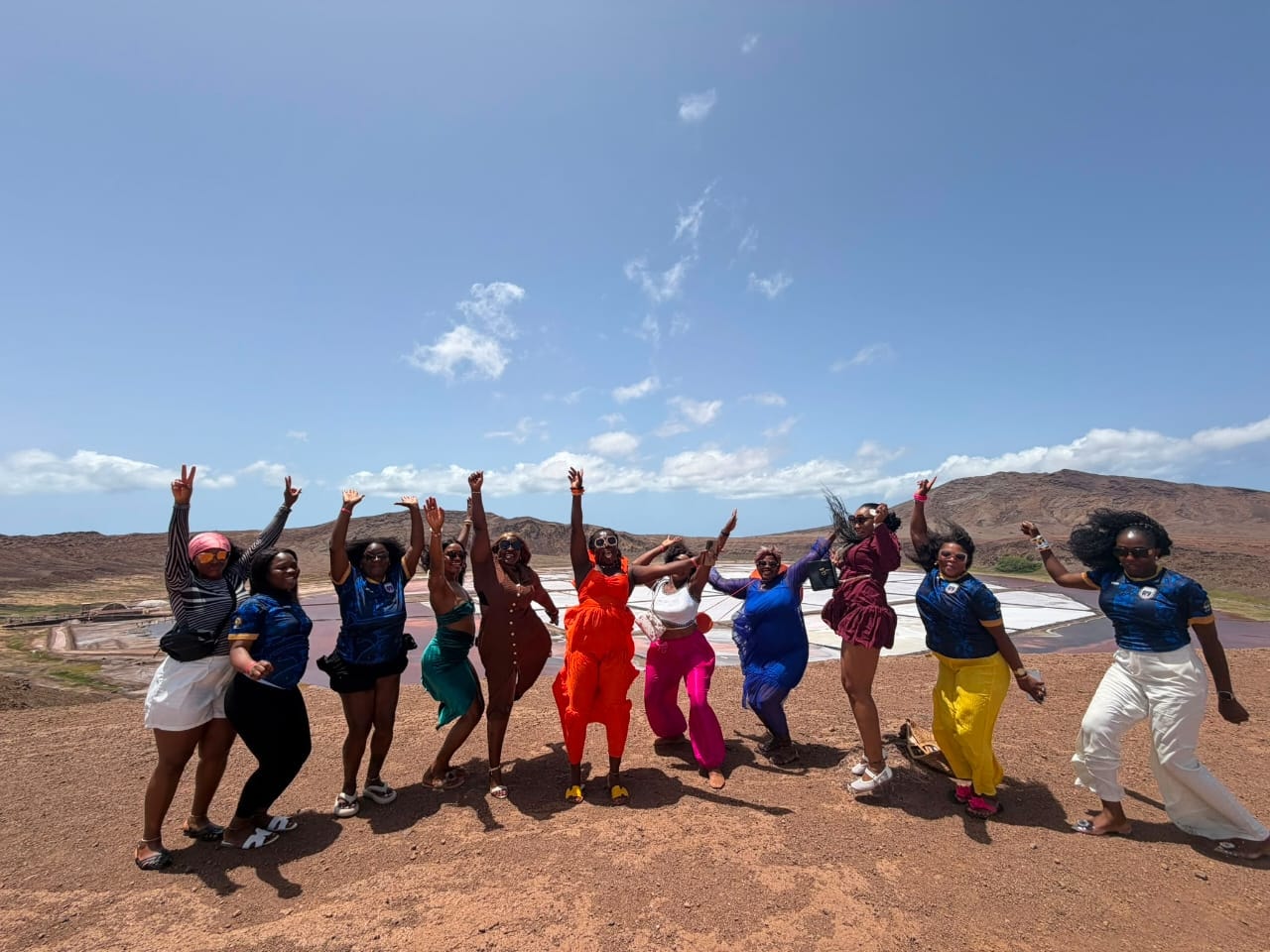Group cheering with raised arms on a hillside overlooking pink salt flats